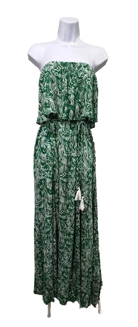 Aakaa Long Maxi Dress Women's Small Green Leaf Print Strapless Ruffle Drawstring
